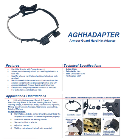 Welding Helmet Hardhat Adapter with spring assembly, black, fits Armour Guard 2.0 and Sugar Scoop welding helmets, adjustable, for slotted and non-slotted hard hats.