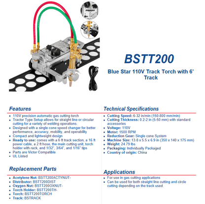 Blue Star 110V Track Torch with 6' Track and technical specifications on a white background