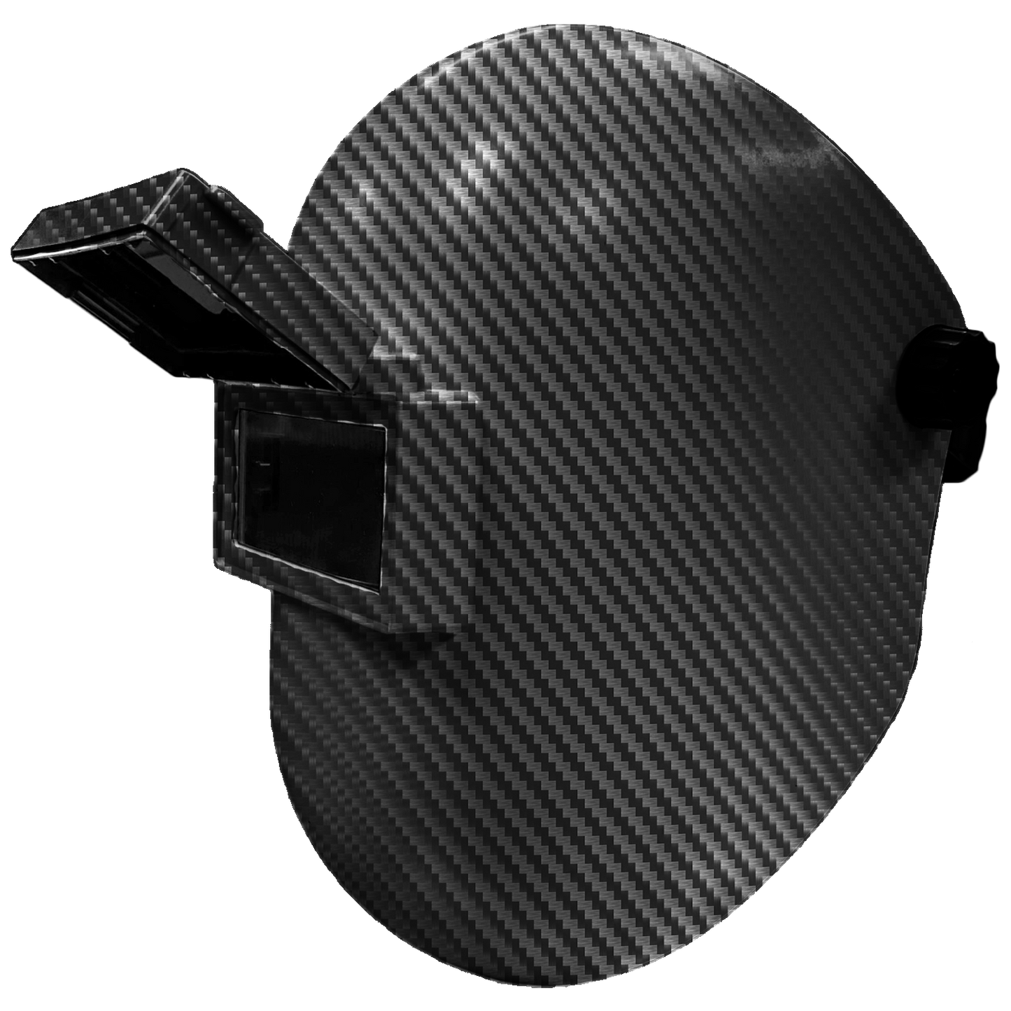 Carbon fiber print welding helmet with flip-up visor and 2 x 4.25" fiberglass Sugar Scoop shell