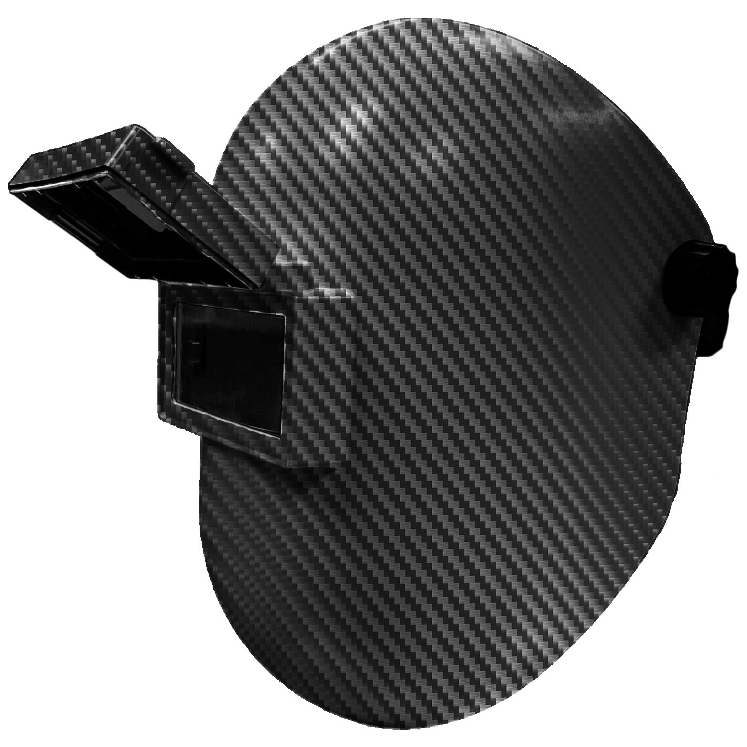 Carbon fiber print welding helmet with flip-up visor and 2 x 4.25" fiberglass Sugar Scoop shell