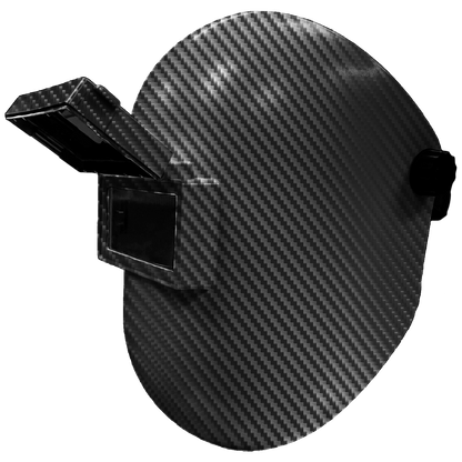 Carbon fiber print welding helmet with flip-up visor and 2 x 4.25" fiberglass Sugar Scoop shell