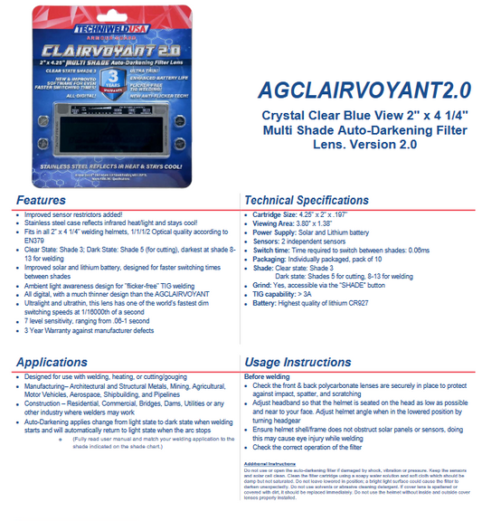 Auto Darkening Lens - Welding Multi Shade AG Clairvouyant 3.0 - Armour Guard Crystal Clear Blue View 2" x 4 1/4" - welding electrodes, Grinding Disc, Welding Lens, Cutting Tip, Cutting Wheels, Flap Disc, Heating Tip, Welding Gloves, MIG Gun - Welding Helmet, Welding Wire - USA Welding Supply
