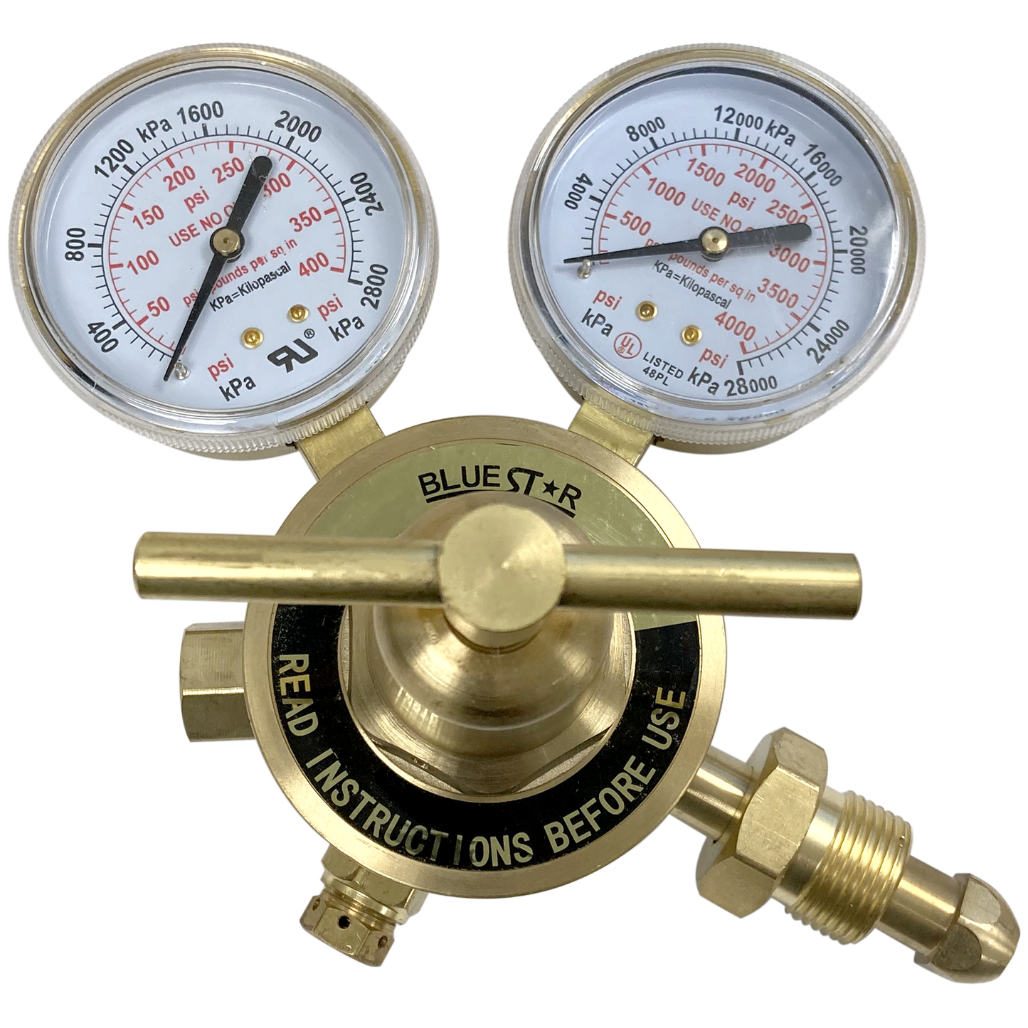 Blue Star 350 Series welding regulator with forged brass body and 2.5-inch gauges for inert gas control