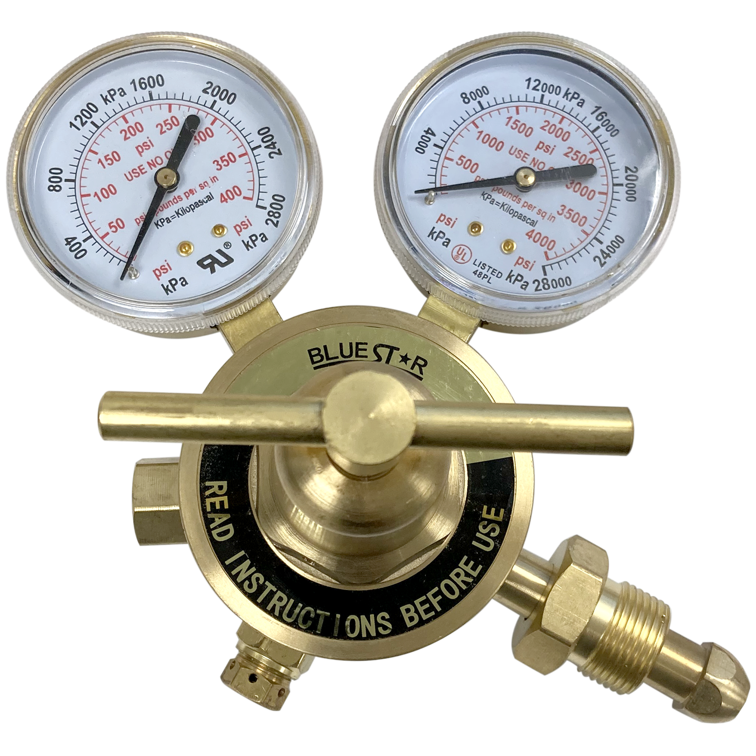 Blue Star 350 Series welding regulator with forged brass body and 2.5-inch gauges for inert gas control