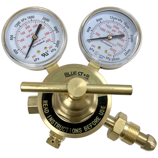 Blue Star 350 Series welding regulator with forged brass body and 2.5-inch gauges for inert gas control