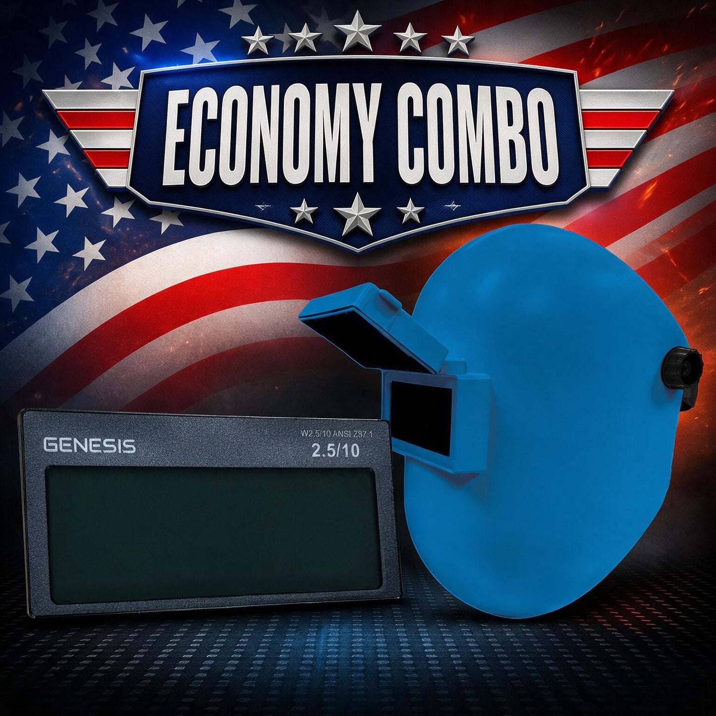 Sugar Scoop Flip Front Welding Helmet + Genesis or Arcane Auto-Darkening Lens Economy Combo (Red, White, or Blue)