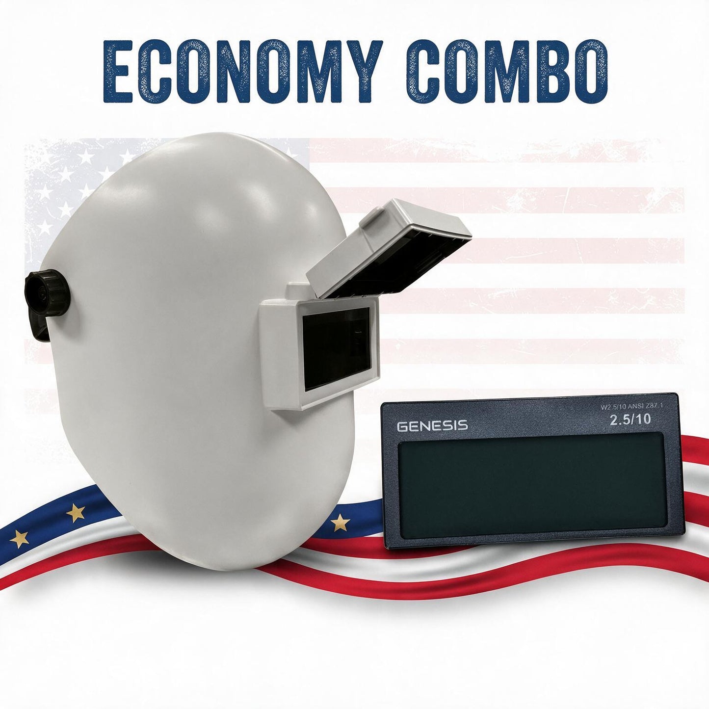 Sugar Scoop Flip Front Welding Helmet + Genesis or Arcane Auto-Darkening Lens Economy Combo (Red, White, or Blue)