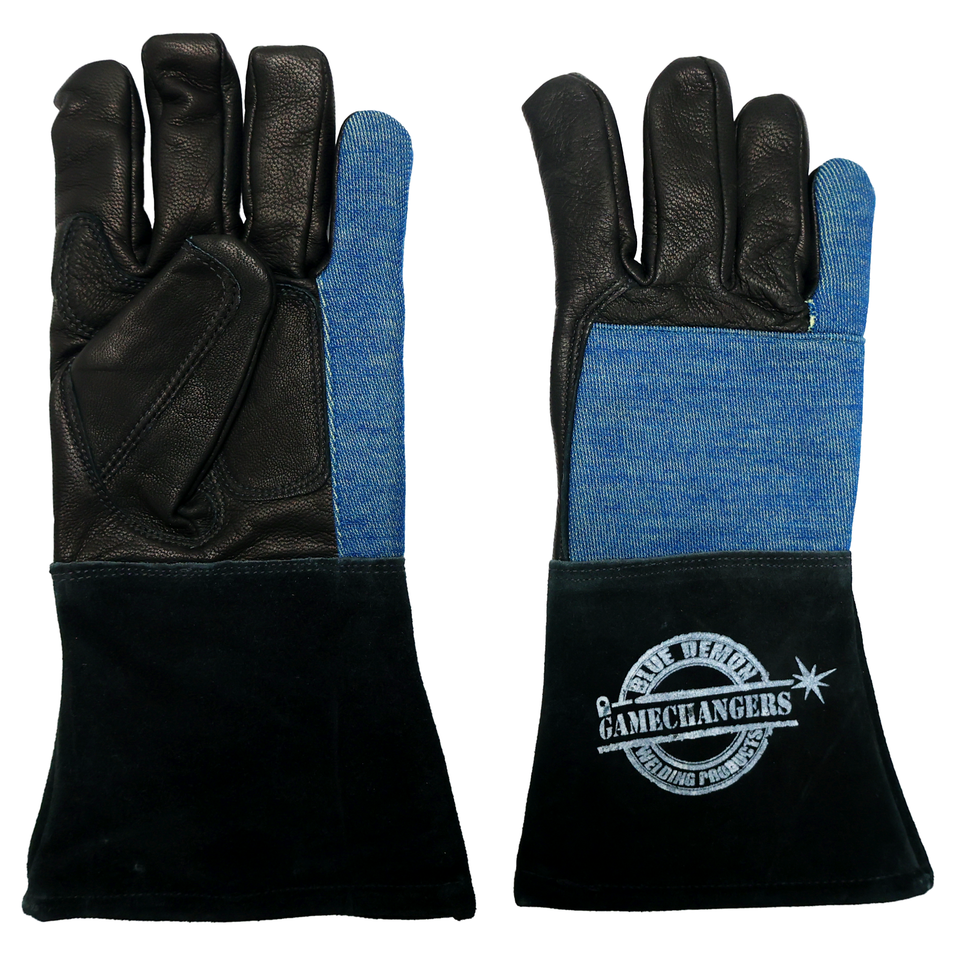 Pair of black and blue welding gloves with a visible brand logo on a white background