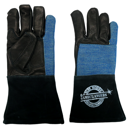 Pair of black and blue welding gloves with a visible brand logo on a white background