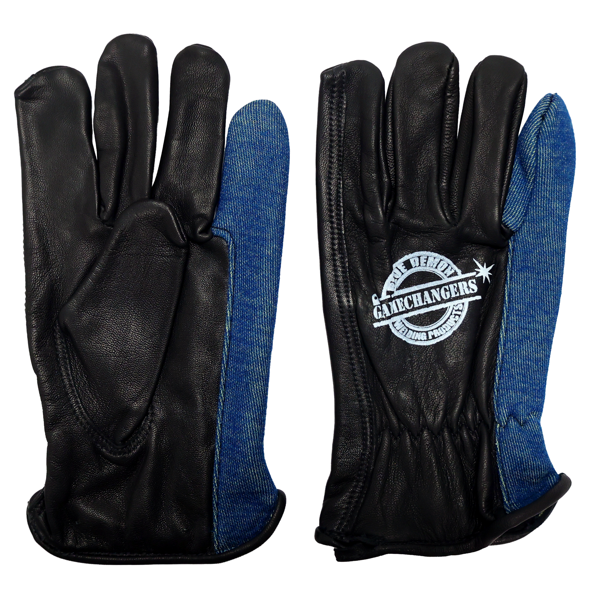 Black leather welding gloves with blue accents and 'Game hangers' logo on a white background