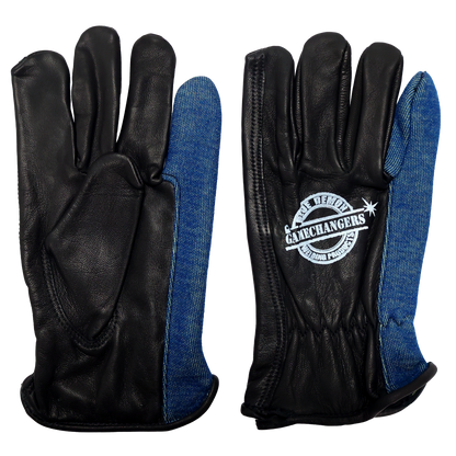 Black leather welding gloves with blue accents and 'Game hangers' logo on a white background