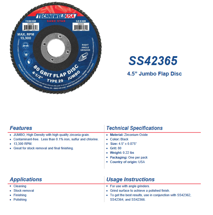Flap Disc - 4-1/2" x 7/8" - 80-grit Type 29 Reg. Density - 42365 - welding electrodes, Grinding Disc, Welding Lens, Cutting Tip, Cutting Wheels, Flap Disc, Heating Tip, Welding Gloves, MIG Gun - Welding Helmet, Welding Wire - USA Welding Supply