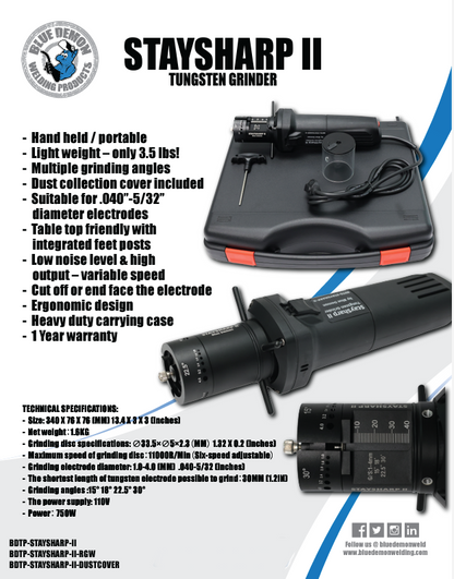 BLUE DEMON STAY-SHARP II Tungsten Grinder with 750W motor and precision grinding angles in carrying case