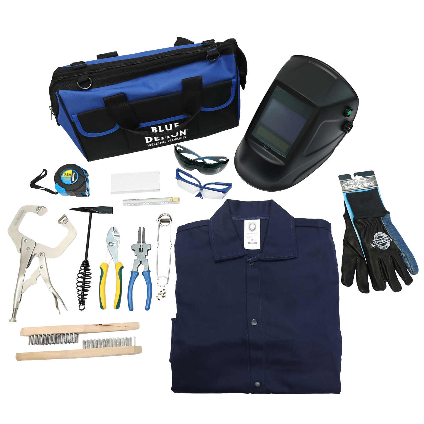 Collection of welding and tool accessories including a blue bag, helmet, gloves, shirt, and tools on a white background.