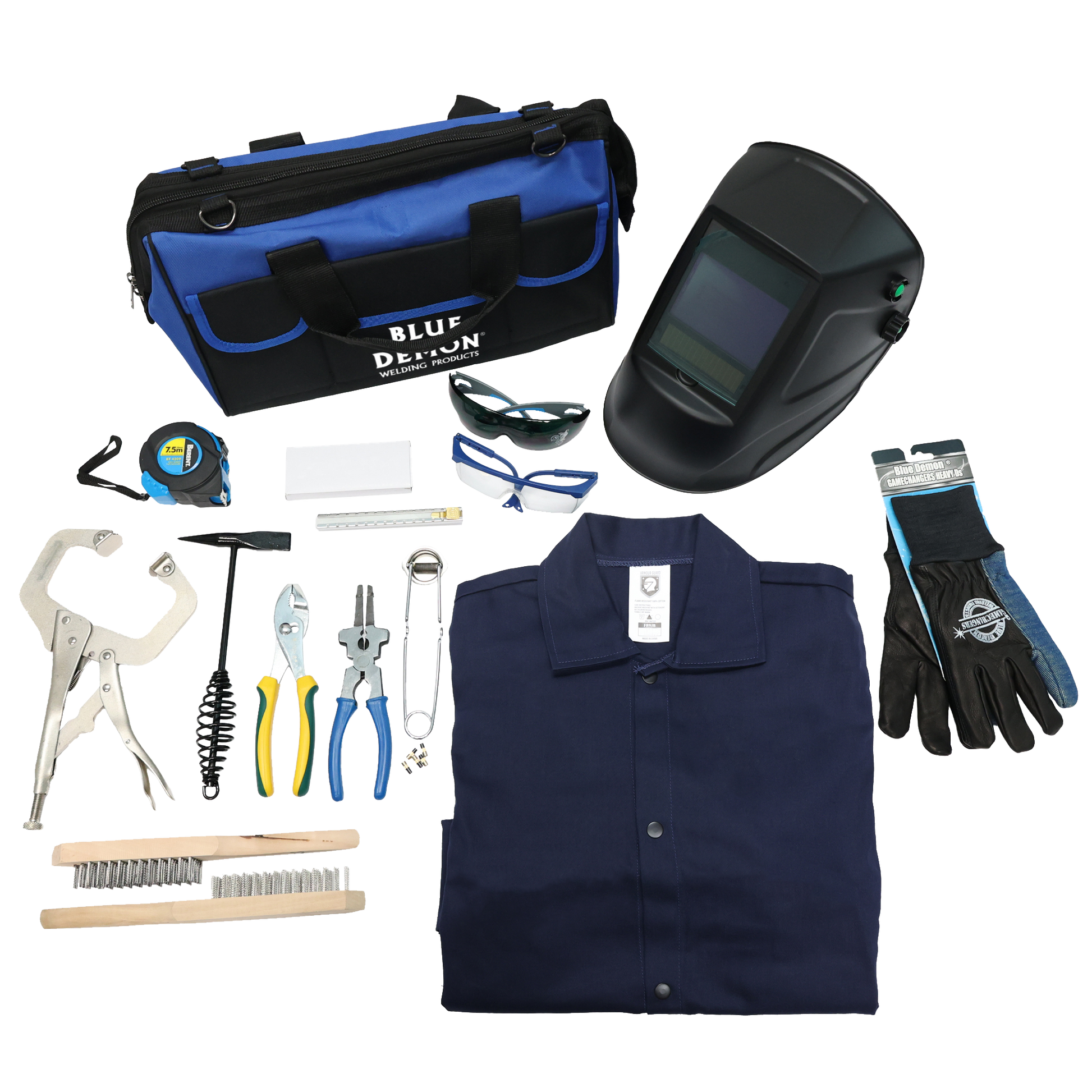 Collection of welding and tool accessories including a blue bag, helmet, gloves, shirt, and tools on a white background.
