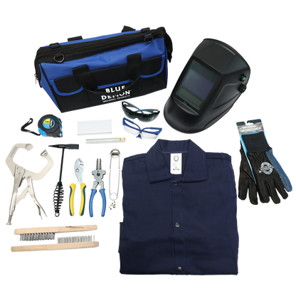 Collection of welding and tool accessories including a blue bag, helmet, gloves, shirt, and tools on a white background.