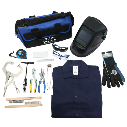 Collection of welding and tool accessories including a blue bag, helmet, gloves, shirt, and tools on a white background.