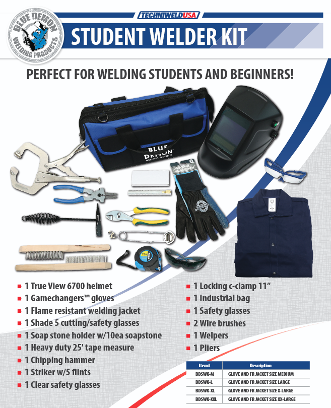 Student welder kit with tools and equipment on a white background
