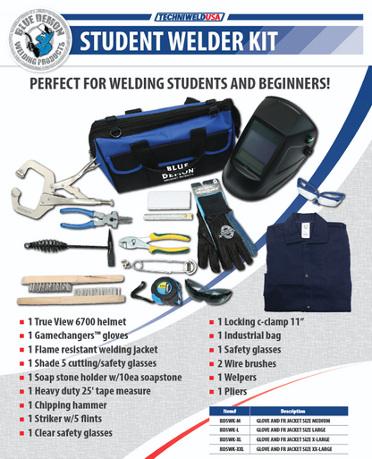 Student welder kit with tools and equipment on a white background