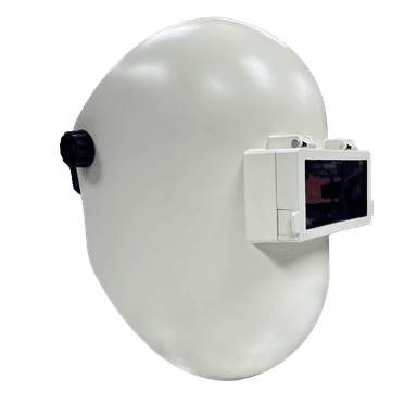 White fiberglass Sugar Scoop welding helmet with flip-up visor and fixed shade 10 filter