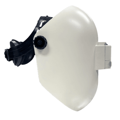 White welding helmet with flip-up visor and fiberglass sugar scoop shell for comfort and durability
