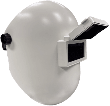 White welding helmet with fiberglass sugar scoop shell and flip-up visor for welding safety and comfort