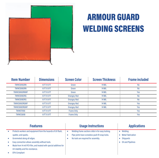 Armour Guard welding screens with product details on a white background