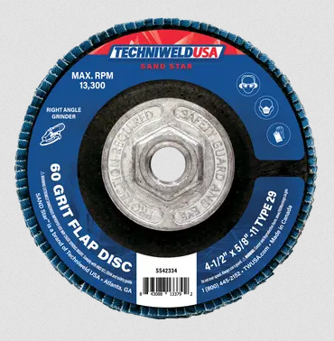 Flap Disc - 4-1/2" x 5/8" - 60-grit Type 29 Reg. Density - Hub - 42334 - welding electrodes, Grinding Disc, Welding Lens, Cutting Tip, Cutting Wheels, Flap Disc, Heating Tip, Welding Gloves, MIG Gun - Welding Helmet, Welding Wire - USA Welding Supply