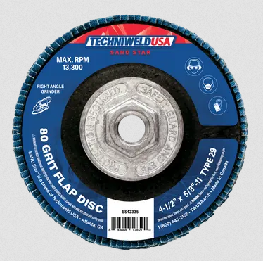 Flap Disc - 4-1/2" x 5/8" - 80-grit Type 29 Reg. Density - Hub - 42335 - welding electrodes, Grinding Disc, Welding Lens, Cutting Tip, Cutting Wheels, Flap Disc, Heating Tip, Welding Gloves, MIG Gun - Welding Helmet, Welding Wire - USA Welding Supply