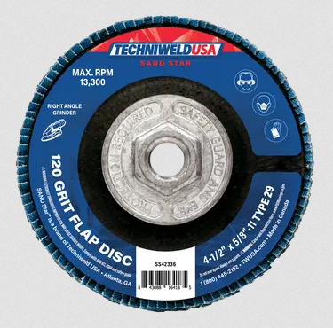 Flap Disc - 4-1/2" x 5/8" - 120-grit Type 29 Reg. Density - Hub - 42336 - welding electrodes, Grinding Disc, Welding Lens, Cutting Tip, Cutting Wheels, Flap Disc, Heating Tip, Welding Gloves, MIG Gun - Welding Helmet, Welding Wire - USA Welding Supply