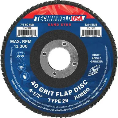 Jumbo Flap Disc - 4-1/2" x 7/8" - 40-grit Type 29 - 42362 - welding electrodes, Grinding Disc, Welding Lens, Cutting Tip, Cutting Wheels, Flap Disc, Heating Tip, Welding Gloves, MIG Gun - Welding Helmet, Welding Wire - USA Welding Supply