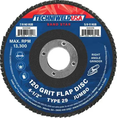 Jumbo Flap Disc - 4-1/2" x 7/8" - 120-grit Type 29 - 42366 - welding electrodes, Grinding Disc, Welding Lens, Cutting Tip, Cutting Wheels, Flap Disc, Heating Tip, Welding Gloves, MIG Gun - Welding Helmet, Welding Wire - USA Welding Supply