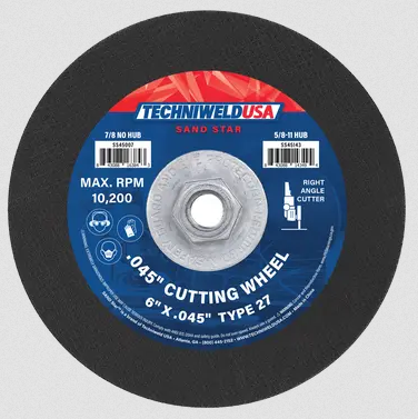 Cutting Wheel - 6" x .045" x 5/8"-11 - Type 27 - Hub - 45143 Sand Star - welding electrodes, Grinding Disc, Welding Lens, Cutting Tip, Cutting Wheels, Flap Disc, Heating Tip, Welding Gloves, MIG Gun - Welding Helmet, Welding Wire - USA Welding Supply